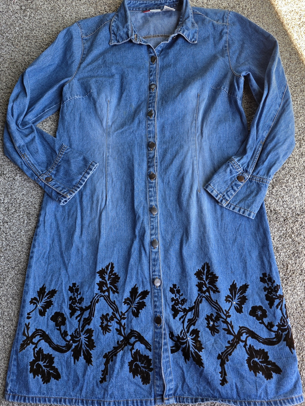 Faded Glory Blue Denim Midi Dress with Black Floral Trim